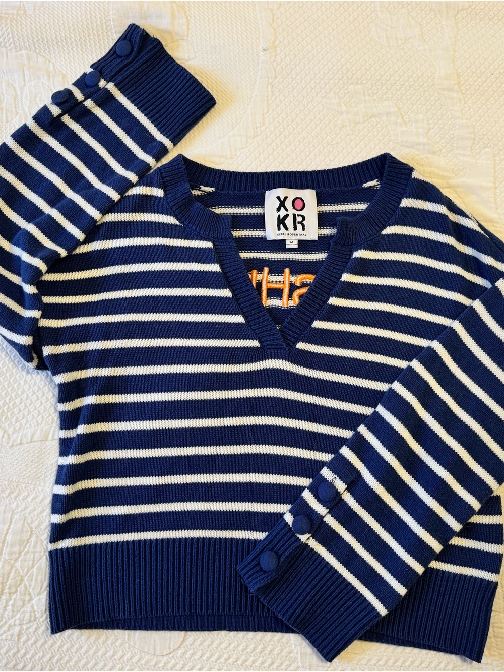 Kerri Rosenthal Navy & White Striped V-Neck Sweater